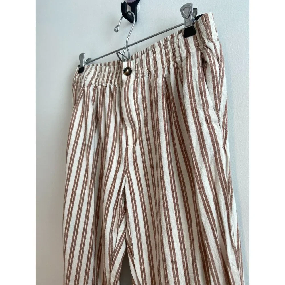 Madewell Linen Cotton Track Trouser Pants In Stripe In Saddle Brown